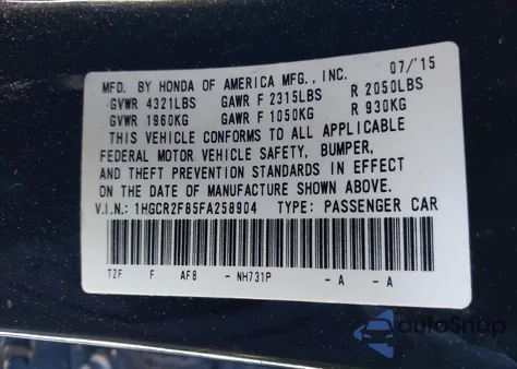 2015 Honda Accord Ex-L z USA, uszkodzony, nr VIN 1HGCR2F85FA258904